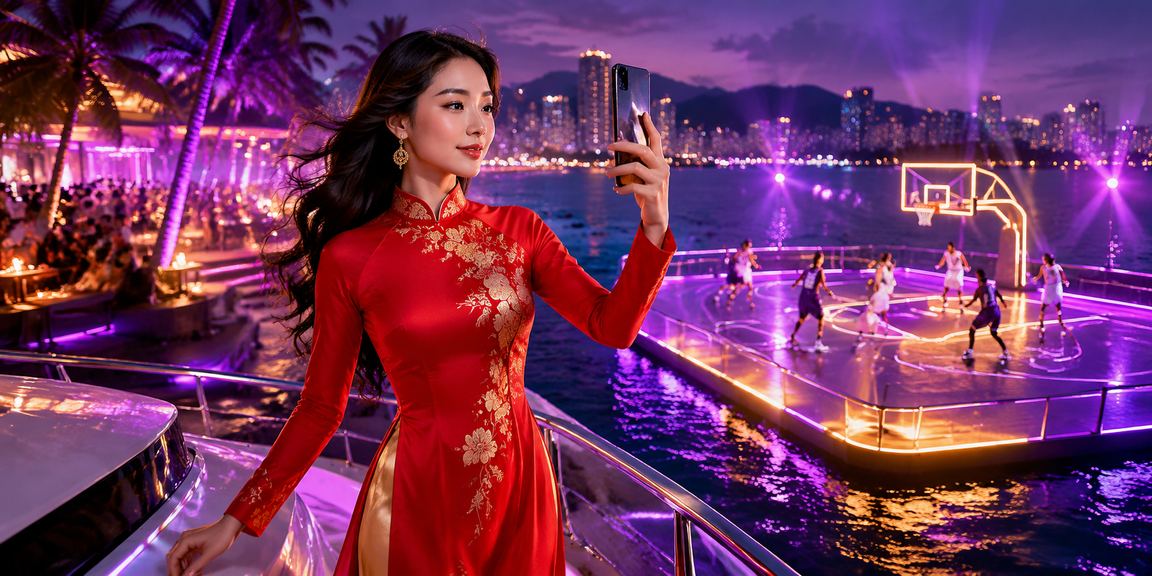 Người dùng tại Nha Trang xem tỉ lệ cược bóng rổ và khuyến mãi thể thao trên điện thoại với trang phục áo dài truyền thống
